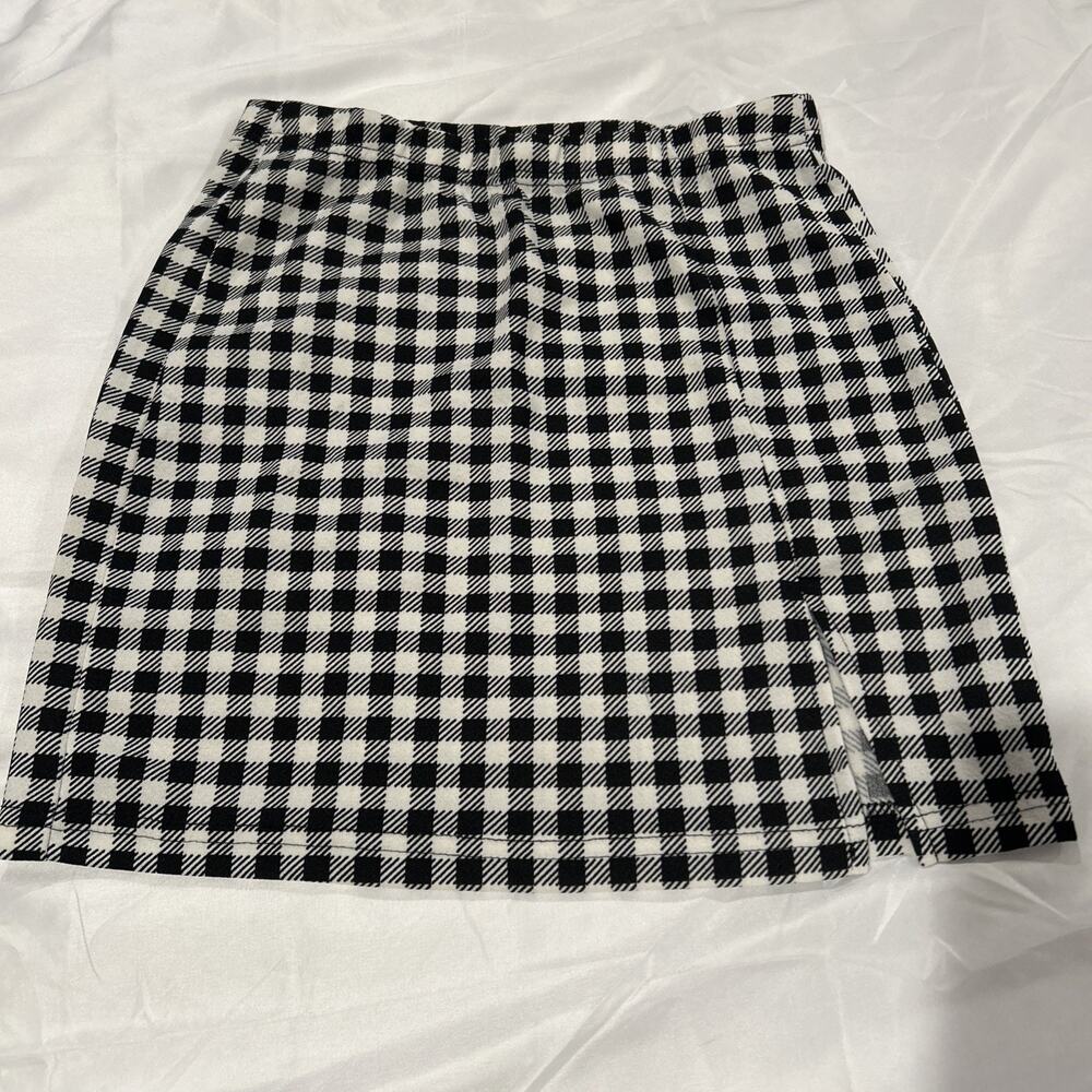 Shein Womens S Black White Checkered Gingham Front Side Slit Hem Mini Skirt
